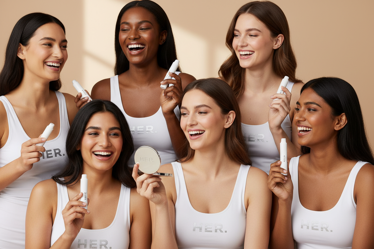 Beautiful variety of faces beautiful beautiful women lightskin,dark skin, white, south Asian 6 different women posing freely off guard for a skin and lip Care beauty top of the line brand (HER.) visibly with shiny lip gloss all wearing different shades from light pink, shimmer to clear and holding some lip glosses all white spandex tank tops with HER in silver. AND all white lipgloss bottles with HER in a neutral silver being put on! ! neutral background one looking in compact mini mirror with HER in silver